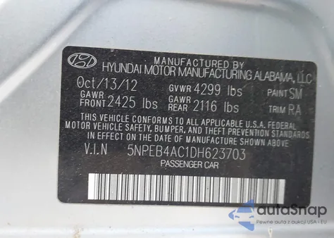 2013 Hyundai Sonata Gls from USA, damaged, VIN 5NPEB4AC1DH623703